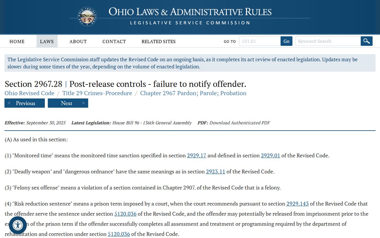 Ohio post-release control law for a Grafton Correctional Institution release