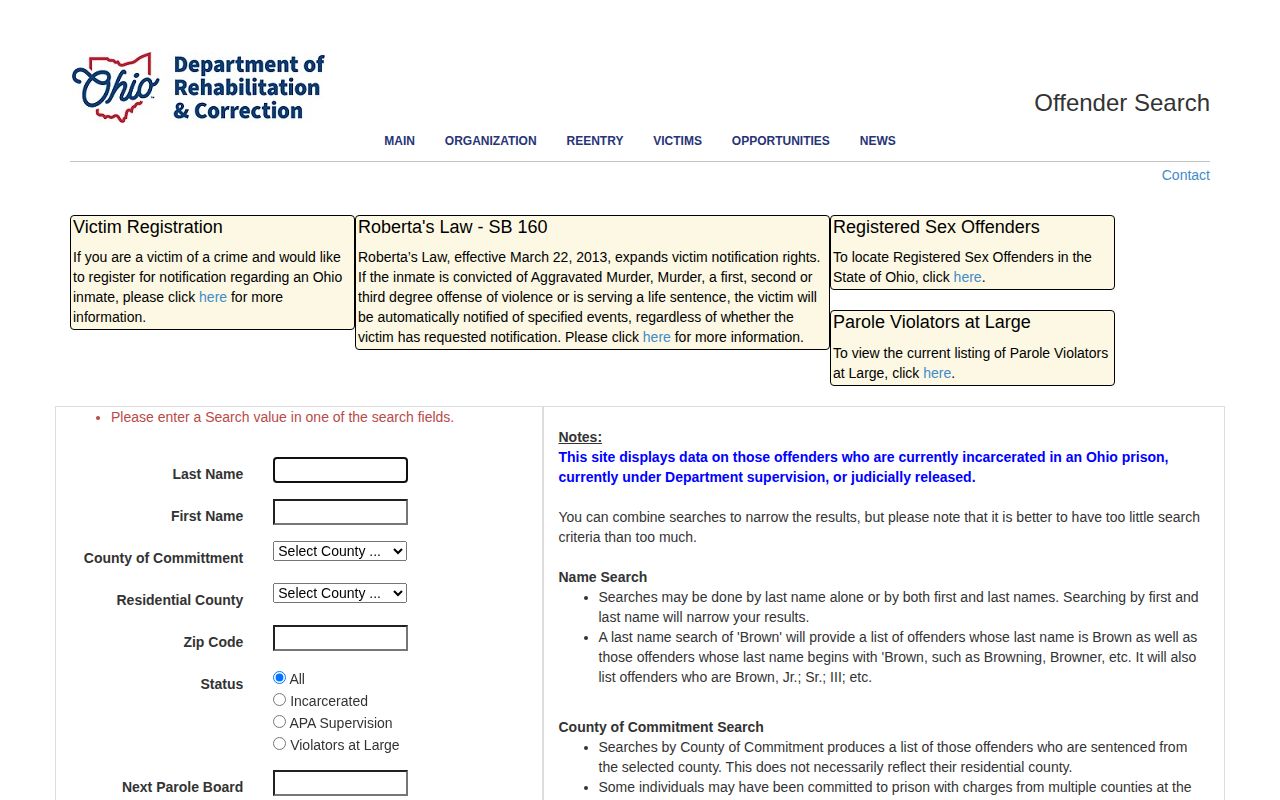 Lorain County released inmate ODRC offender search fields