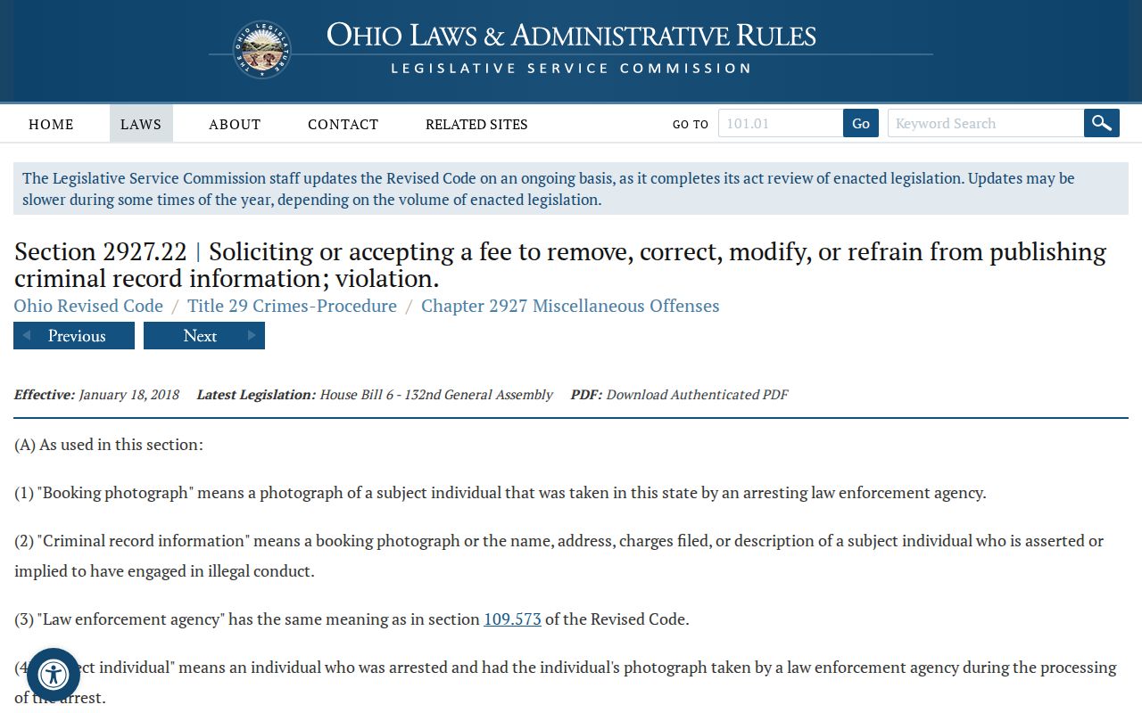 Ohio mugshot removal law for Lorain County booking photos