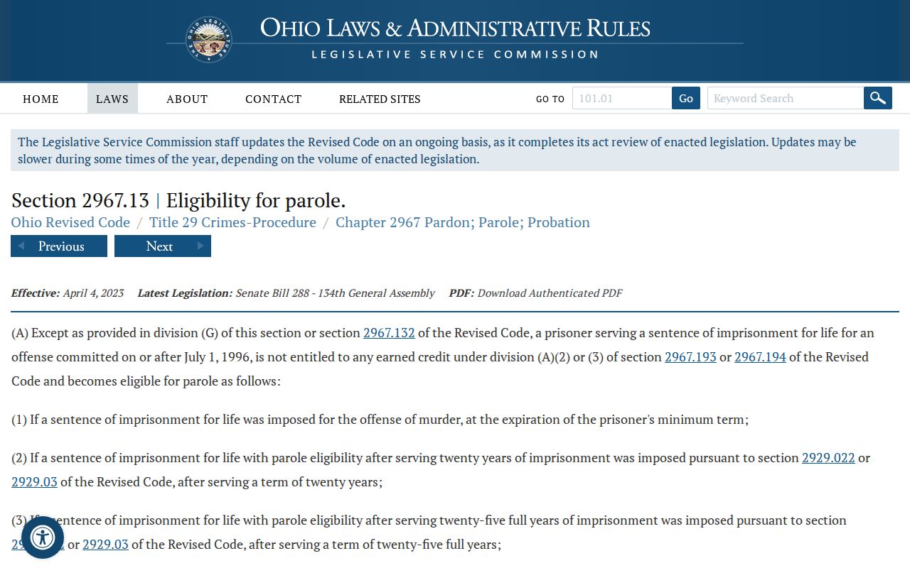 Ohio parole eligibility law for Lorain County post-release supervision