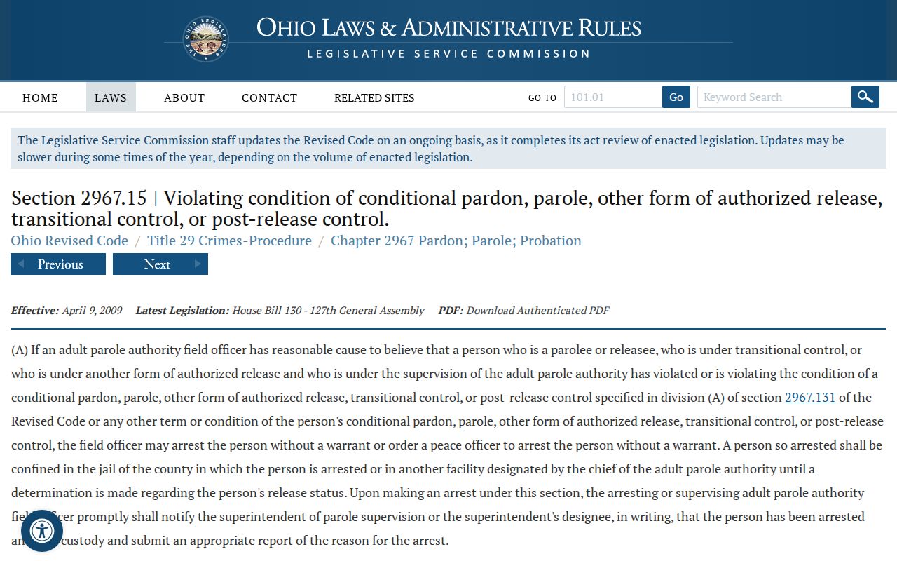 Ohio violator at large statute for Lorain County parole supervision