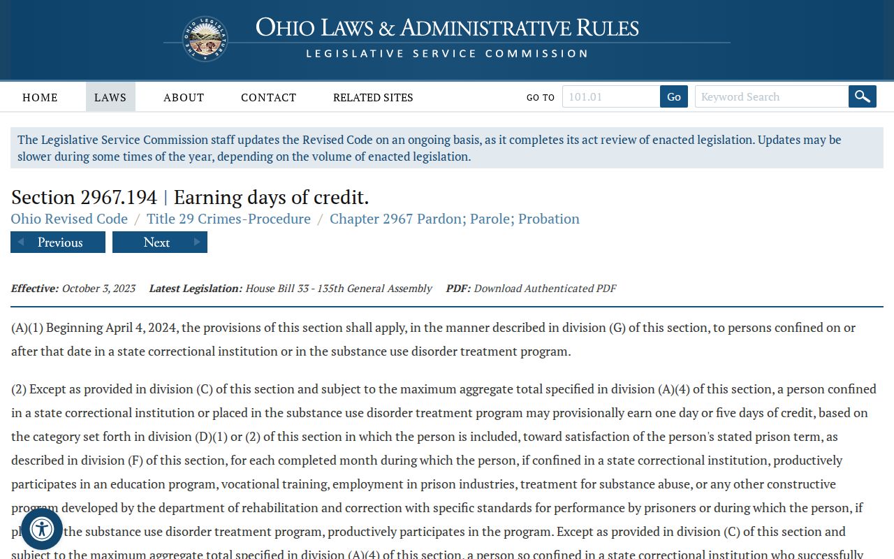 Ohio earned credit statute for Lorain County projected release dates